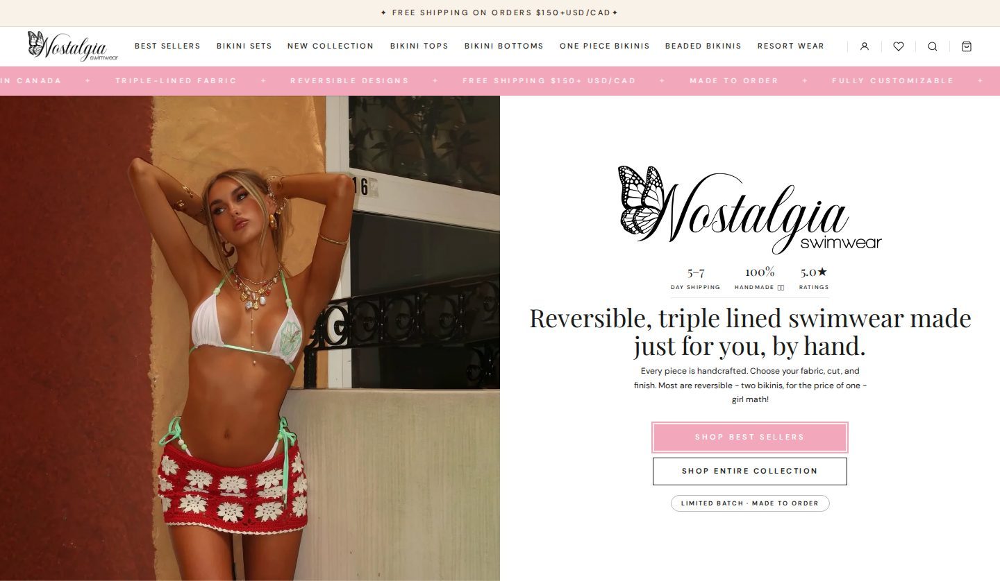 Nostalgia Swimwear homepage on desktop